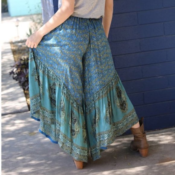 Blue Paisley Print Boho Chic Wide Leg Pants - Picture 8 of 8